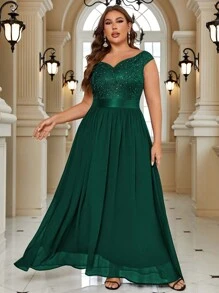 Đầm dạ hội cỡ lớn cổ tim đính sequin, phối ren và chiffon màu tương phản, thanh lịch cho dạ hội, đám cưới, lễ tốt nghiệp, lễ hội và các dịp trang trọng khác. - Màu xanh lá cây đậm - Xem 7