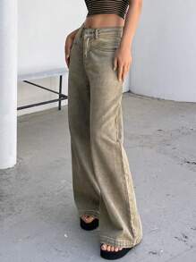 DAZY 女式宽松阔腿休闲牛仔裤，带口袋，宽松牛仔裤，返校服 - 卡其色 - 查看 4