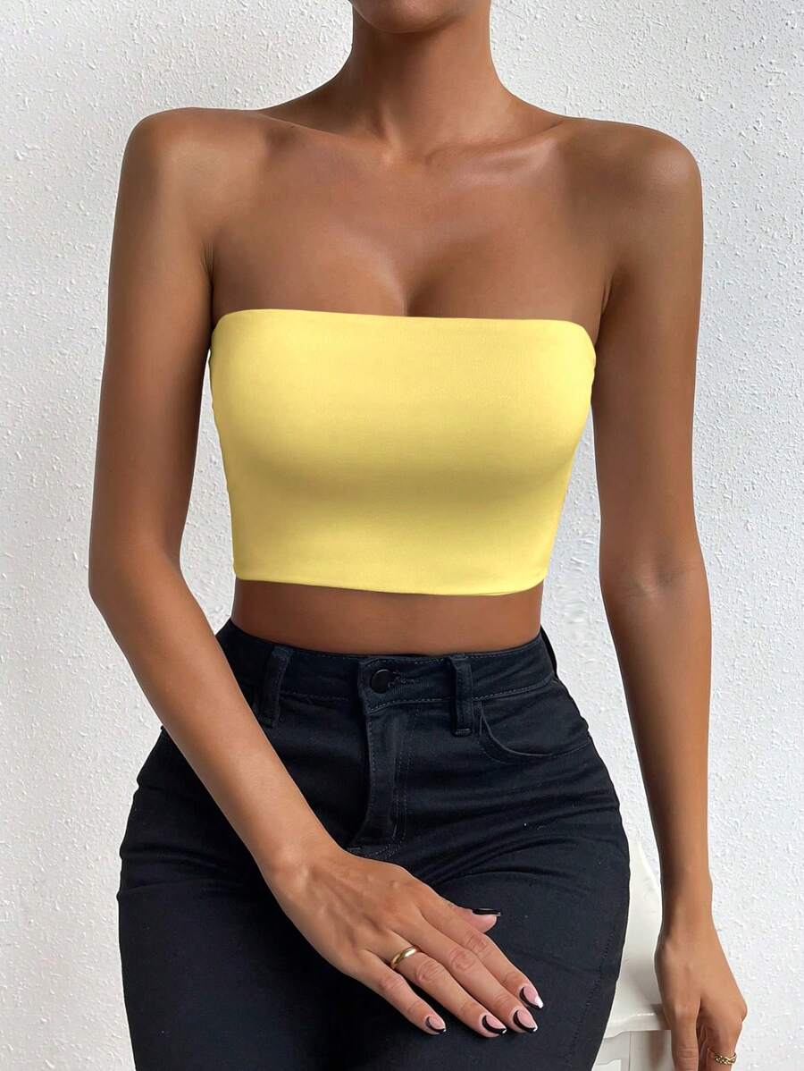 Chiquease Ladies' Solid Color Simple Style Daily Strapless Top - Yellow - View 1