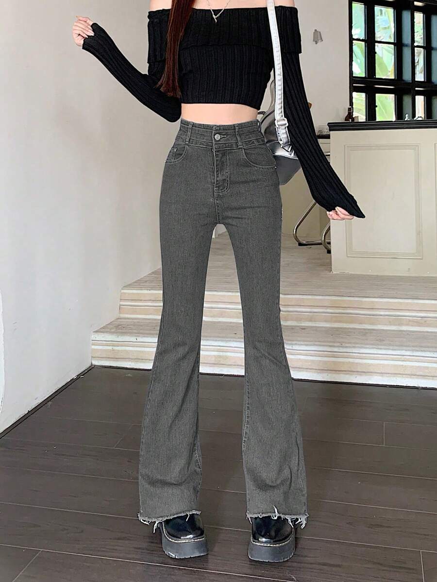 Quần Jeans Ống Loe Co Giãn Ôm Vừa Cạp Cao Có Túi Cho Nữ - Màu Xám nhạt - Xem 1