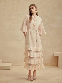 Anewsta Tiered Fringed Hem Layered Embroidered Ruffle Trim Beige Dress - Apricot - View 5