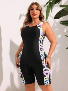 SHEIN Swim Curve 大码女式印花简约日常连体泳衣夏季 - 黑色 - 查看 4