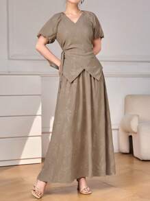 Seusyu Conjunto de 2 piezas de verano elegante y con estilo chino para mujer - Caqui - Ver 6