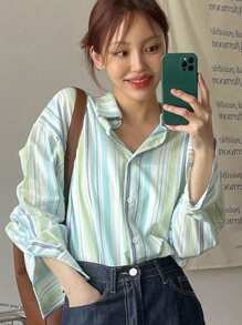 DAZY Áo sơ mi dài tay cổ bẻ thoáng khí kẻ sọc cho nữ, trang phục công sở thường ngày, xuân/hè - màu xanh lá - Xem 10