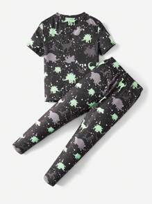 SHEIN Young Boy Reflective Dinosaur Print Snug Fit PJ Set - Black - View 3