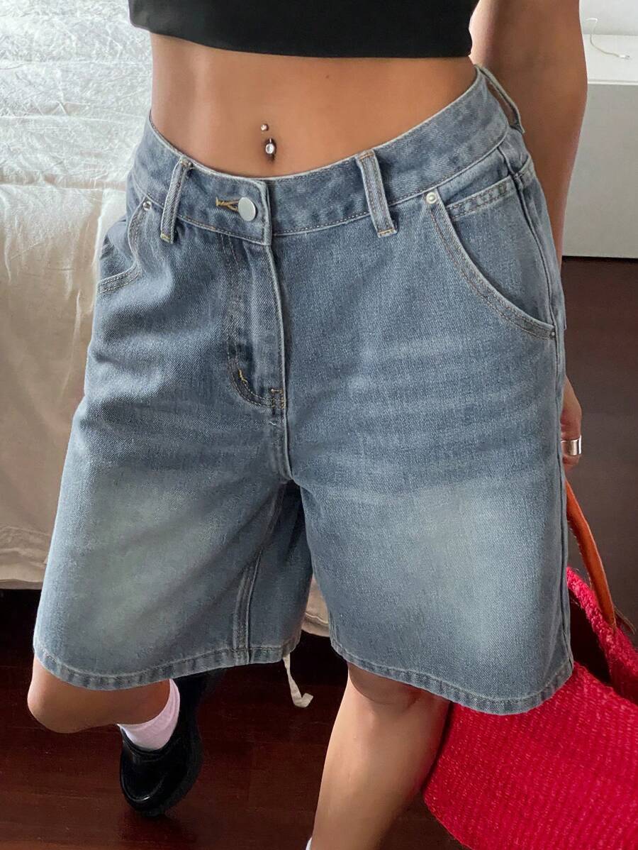 Livesso 女士猫须闪电直筒五点牛仔短裤 夏季 - 中等水洗藍 - 查看 1