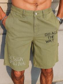 Manfinity Homme 男士字母印花百慕大丹寧短褲，附口袋，休閒風格 - 軍綠色 - 查看 6