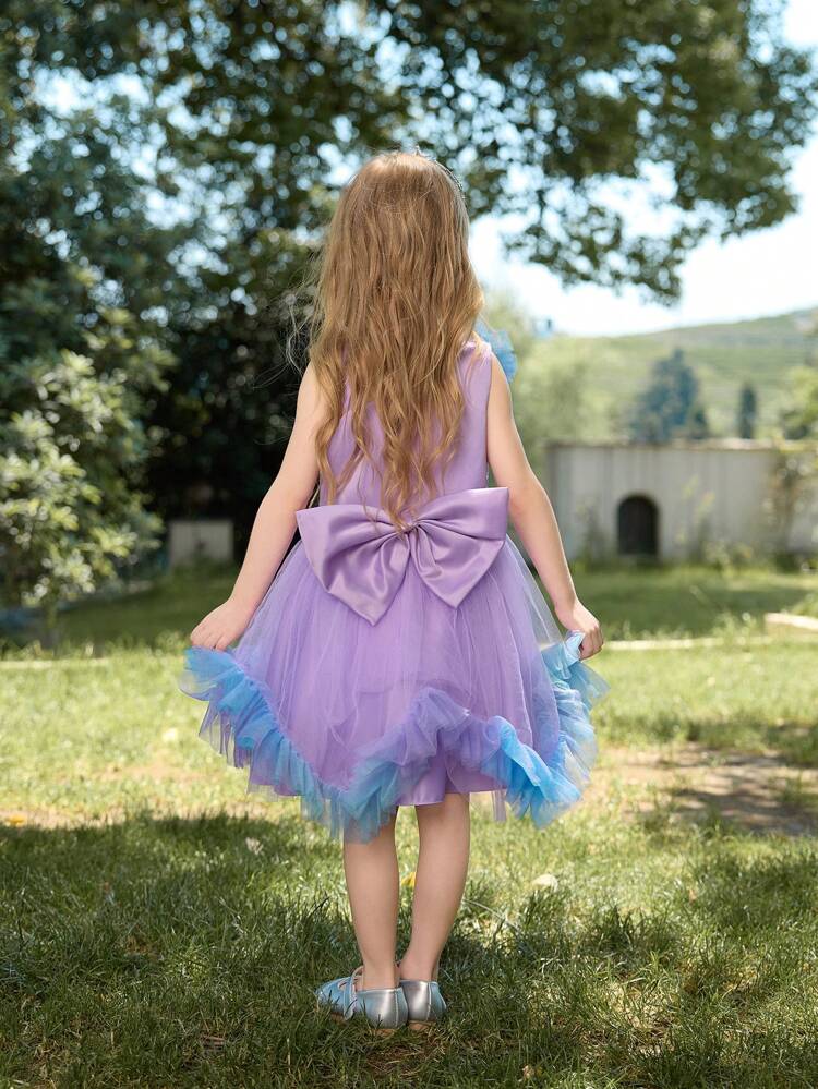 Young Girls' Asymmetrical Collar Applique Contrast Color Mesh Splice Sleeveless Party Dress, Summer
