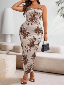 EMERY ROSE Plus Size Printed Slim Fit Vacation Style Cami Dress Women Outfit, For Summer - Coffee Brown - View 4