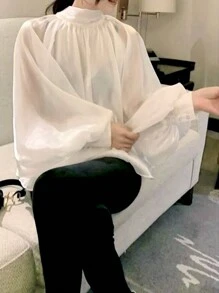 Women Loose High Neck Solid Color Lantern Sleeve Elegant Spring And Autumn Top - White - View 6