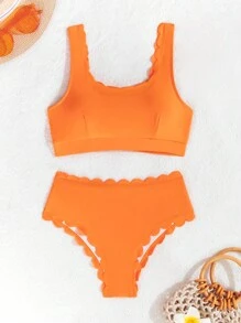 Women's Solid Color Scallop Trim Sexy Bikini Set Bathing Suit Bikini Set For Summer Beach - Burnt Orange - View 1