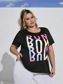 SHEIN Rhythm Era Talla grande Camiseta deportiva con estampado de letra - Negro - Ver 5