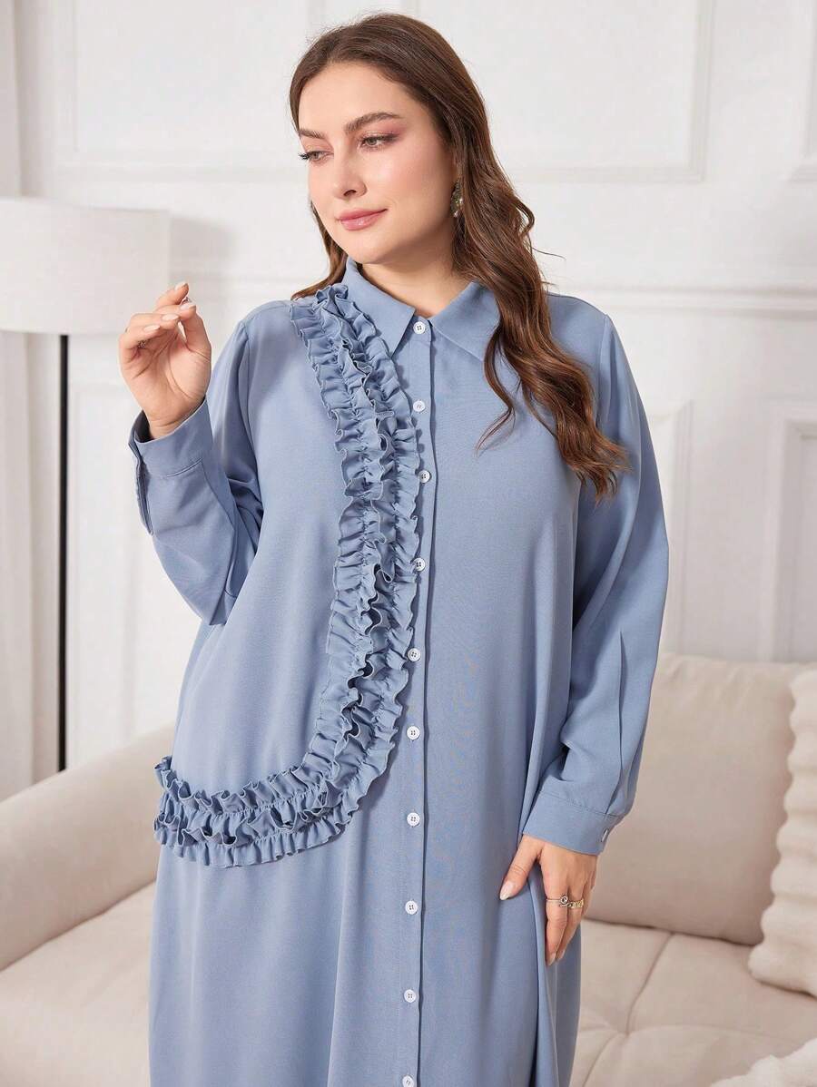 Al Najma Quần áo Ả Rập đơn hàng cỡ lớn cho nữ có tay dài trơn và viền xếp nếp - Màu xanh bụi bặm - Xem 1