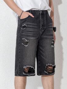 Teen Boy New Casual Fashion Denim Shorts, Weathered With Holes & Washed Out Style