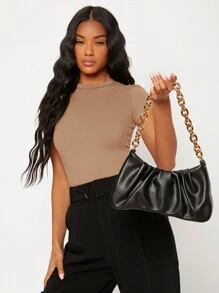 SHEIN BASICS 女士時尚純色修身夏季T恤，百搭 - 卡其色 - 查看 3