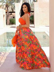 SHEIN SXY Vacation Holiday Resort Cute Sexy Beach Wear Women Outfits Women's Summer Orange  Tropical Print Textured Fabric Backless Beachwear Long Maxi Full Hemline Dress,Sundress - Multicolor - View 1