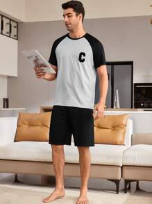 Men's Letter Embroidery Color Block Short Sleeve Top And Shorts Homewear Set - Light Grey - View 6