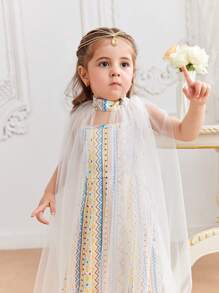 SHEIN Baby Girls'  Geometric Pattern Dress With Shawl Set, Summer - White - View 3