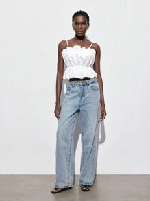 Maija Blusa corta de mujer con cintura plisada y ceñida, diseño elegante y minimalista apta para graduaciones, volver al colegio o fiestas, primavera-verano-inicio de otoño 2025