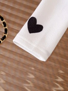 SHEIN Cute Knitted Heart Pattern Baby Girl Top With Lamb Sleeves And PU Leather Shorts, 2pcs/Set - Black and White - View 6