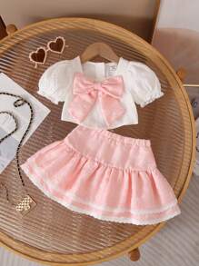SHEIN Leap Crew 2 件女童蝴蝶结细节编织提花上衣和编织裙子套装 - 彩色 - 查看 4