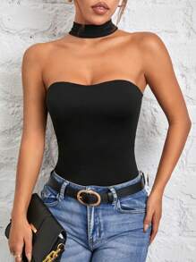 SHEIN PETITE Women's Halterneck Reversible Black Bodysuit