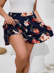 SHEIN Frenchy Plus Size Boho Floral Print Skorts With Pockets And Asymmetric Hemline, Casual Style, For Summer - Navy Blue - View 3