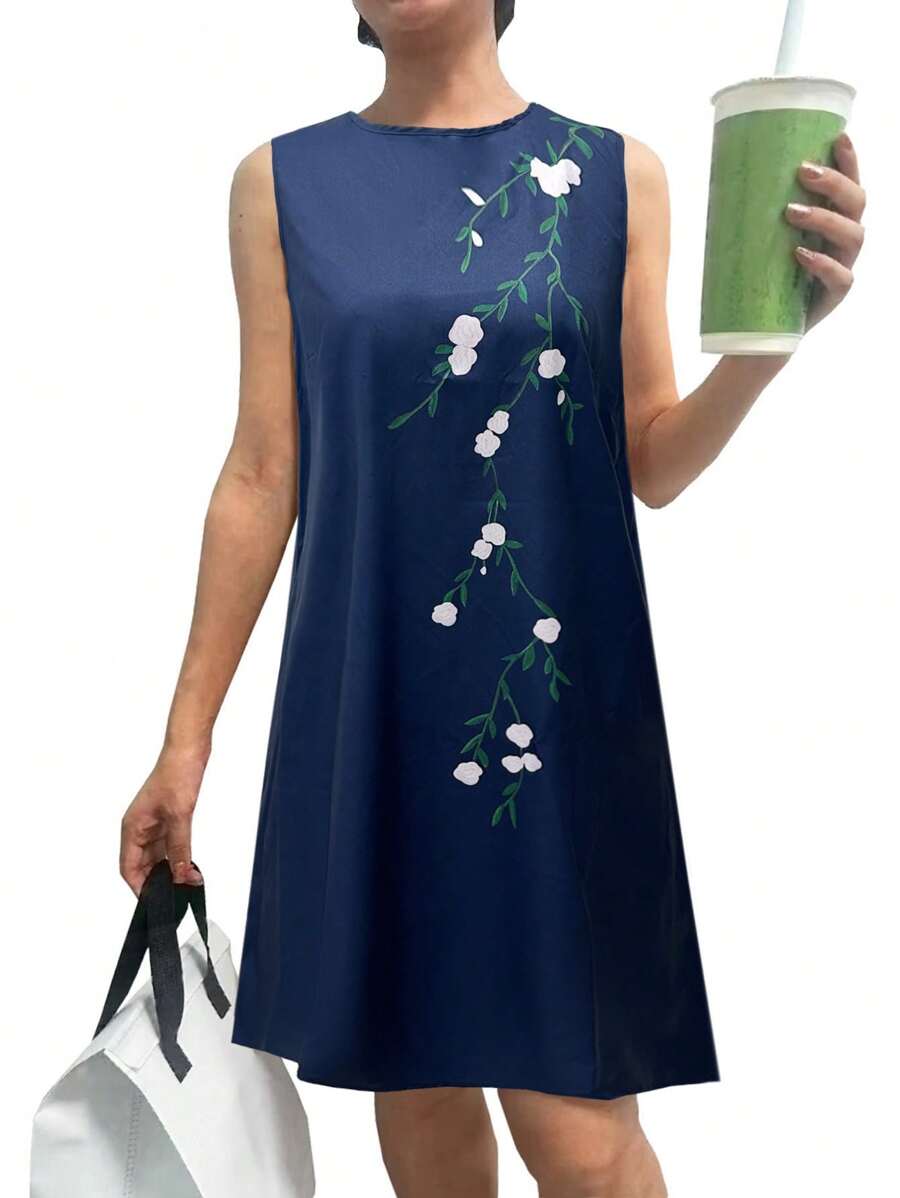 SHEIN Unity 女士無袖圓領花卉印花連衣裙 - 寶藍色 - 查看 1