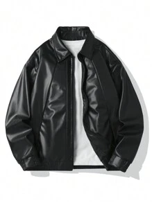 Manfinity EZcore Men's Solid Color Simple Daily Jacket, Going Out Street Wear Black Long Sleeve Motorcycle Jacket, For Friends, Husband, Boyfriend Gifts, For Fall Winter - Black - View 1