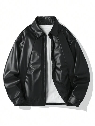 Manfinity EZcore Men's Solid Color Simple Daily Jacket, Going Out Street Wear Black Long Sleeve Motorcycle Jacket, For Friends, Husband, Boyfriend Gifts, For Fall Winter