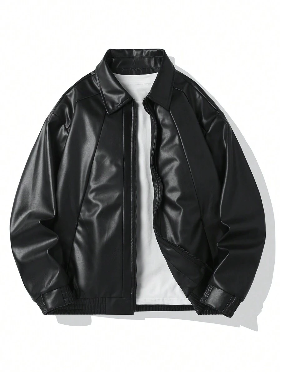 Manfinity EZcore Men's Solid Color Simple Daily Jacket, Going Out Street Wear Black Long Sleeve Motorcycle Jacket, For Friends, Husband, Boyfriend Gifts, For Fall Winter - Black - View 1