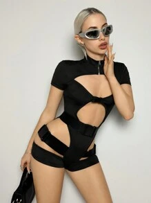 SHEIN ICON Hollow-Out Tight Backpack Buckle Decoration, Sexy Solid Color Short Sleeve Romper For Summer