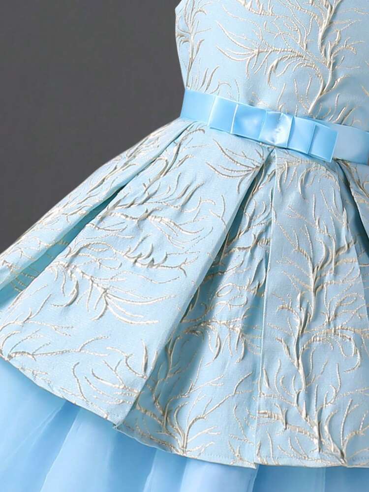 Tween Girl Elegant Sleeveless Blue Formal Dress With Small Round Collar, Suitable For Parties, Weddings Or Performances