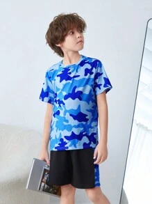 SHEIN Tween Boy Loose Fit Camouflage Pattern Round Neck Short Sleeve Shorts Knitted Flame Retardant Pajamas 2 Pieces Set, Summer - Blue - View 4