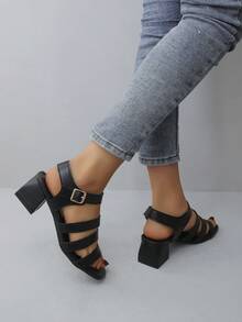 女式方頭粗跟編織涼鞋，配有蝴蝶結裝飾 - 黑色 - 查看 4