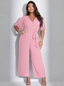 Celure Women's Plus Size Solid Color Simple Short Sleeve Jumpsuit For Daily Wear - Pink - View 1