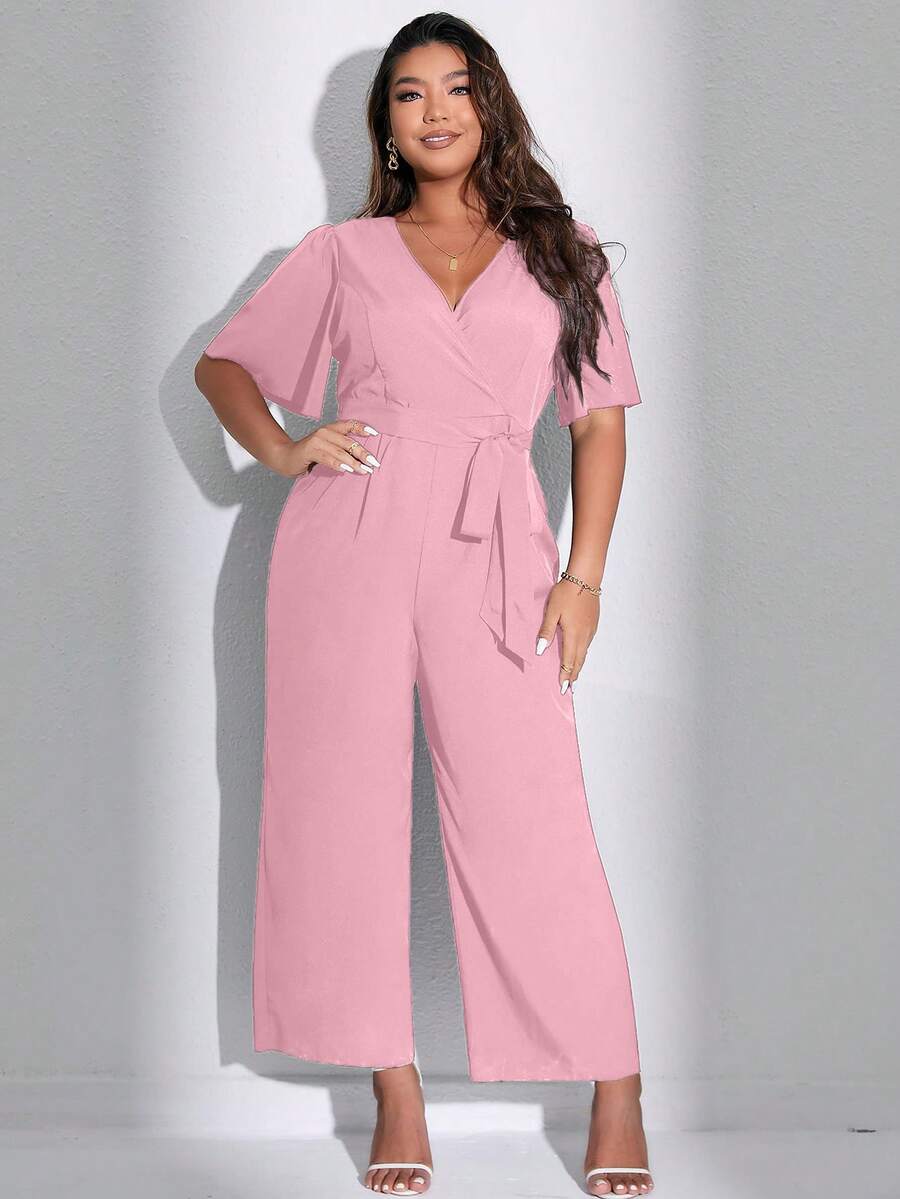 Celure Women's Plus Size Solid Color Simple Short Sleeve Jumpsuit For Daily Wear - Pink - View 1