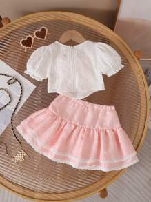 SHEIN Leap Crew 2 件女童蝴蝶结细节编织提花上衣和编织裙子套装 - 彩色 - 查看 5