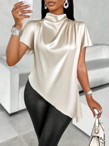 SOLERSUN Mock Neck Batwing Sleeve Satin Asymmetrical Hem Blouse,Short Sleeve Tops