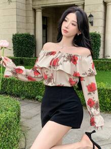 DAZY 1 件女式全身花卉印花露肩荷叶边系带袖口长袖衬衫，夏季长袖上衣，露肩上衣，返校服装