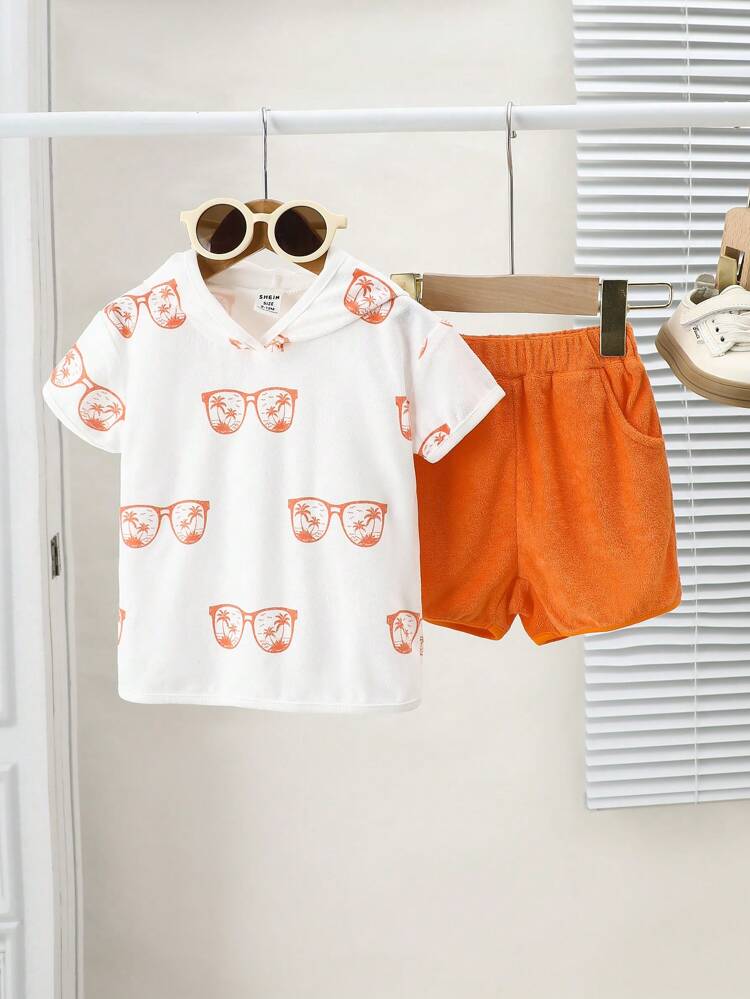 Baby Boys Hooded Short Sleeve Holiday Print Tee And Shorts Set In Toweling Material, Sunset