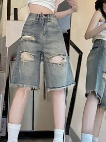 女士休閒牛仔短褲，帶有撕裂孔和毛邊邊緣，隨機線掛設計