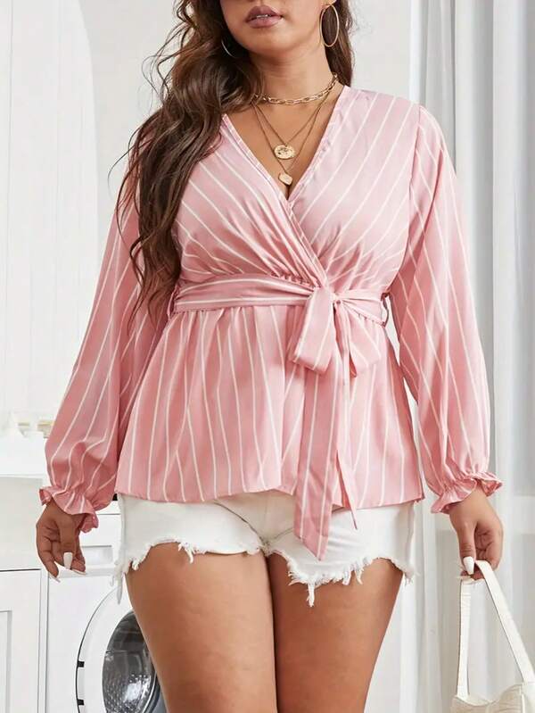 Plus Size Striped V-Neck Lantern Sleeve Casual Shirt