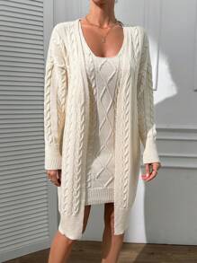 EURMUSE Elegant Cable Knit Square Neck Mini Sweater Dress & Cable Knit Cardigan 2 Piece Co-Ords - Beige - View 5