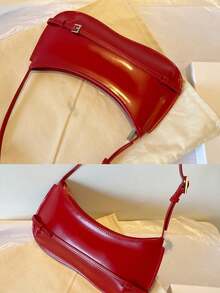 1 件红色女士时尚手提包，法式复古风格，单肩包，新月形和新法棍形状，适合约会和休闲场合 - 紅色 - 查看 11