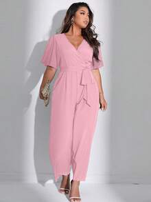 Celure Women's Plus Size Solid Color Simple Short Sleeve Jumpsuit For Daily Wear - Pink - View 3