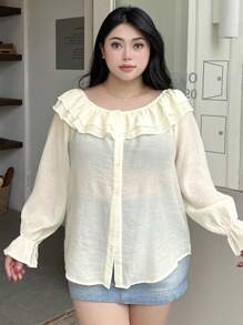Dazy Petite Plus Camisa de manga larga con volantes y hombros descubiertos de unicolor, informal, para primavera/verano, tallas grandes, blusa de hombros descubiertos, ropa de mujer para otoño - Blanco - Ver 4
