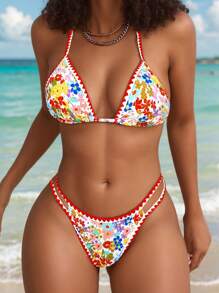 SHEIN Swim Damen Bikini Set, Bikini Set, Triangel-Bikini, zufälliges Muster, Bikini Set mit verspieltem Blumendruck, Sommer Badeanzug Strandurlaub - Verschiedenfarbig - Übersicht 1