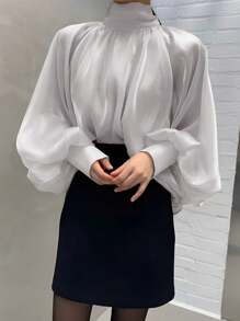 Elegant Women's Loose Solid Color High-Collar Lantern Sleeve Long Sleeve Top For Spring And Autumn - Light Grey - View 1