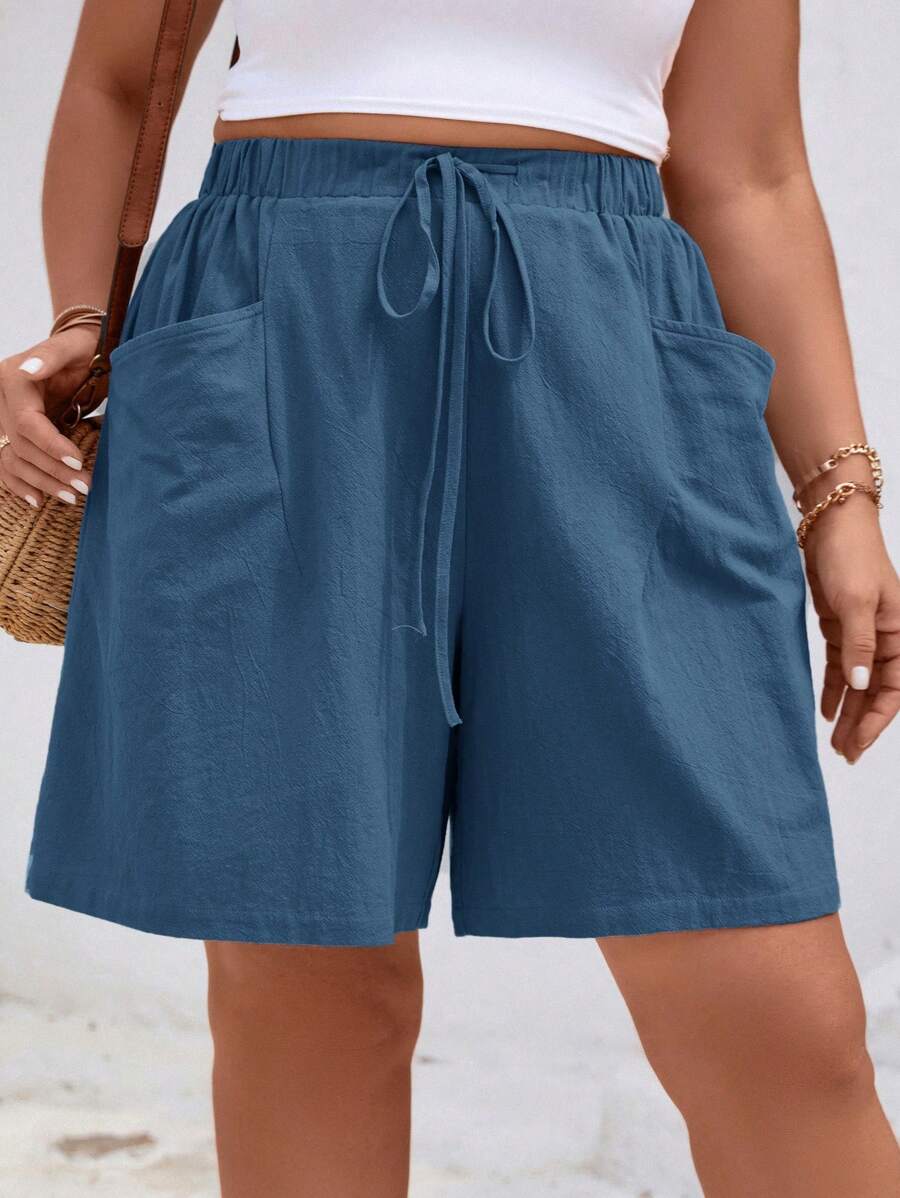 SHEIN LUNE Plus Size Solid Color Holiday Casual Shorts With Double Pockets - Teal Blue - View 1